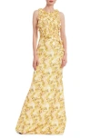 Badgley Mischka Floral-print Scuba Trumpet Gown In Yellow Multi