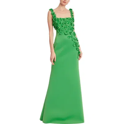 Badgley Mischka Collection Floral Appliqué Scuba Knit Trumpet Gown In Multi