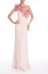 Badgley Mischka Collection Floral Appliqué Stretch Crepe Gown In Blush Multi