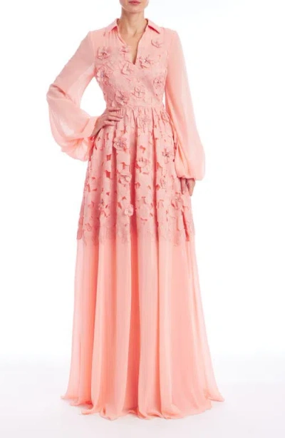Badgley Mischka Collection Floral Embellished Long Sleeve Evening Gown In Orange