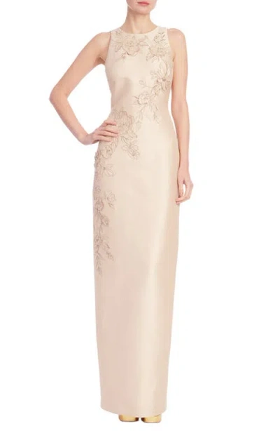 Badgley Mischka Collection Floral Embroidered Column Gown In Black