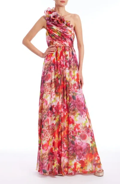 Badgley Mischka Collection Floral One-shoulder Gown In Multi