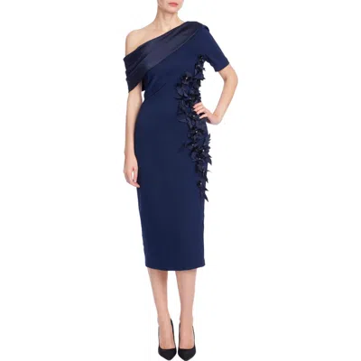 Badgley Mischka Collection Floral One-shoulder Cocktail Dress In Blue