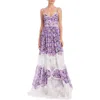 Badgley Mischka Tiered Lace-inset Maxi Dress In Lilac Multi