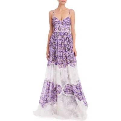 BADGLEY MISCHKA BADGLEY MISCHKA COLLECTION FLORAL PRINT CHIFFON & LACE GOWN
