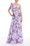 Badgley Mischka Collection Floral Print Ruffle One-shoulder Gown In Lilac Multi