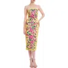Badgley Mischka Strapless Floral-print Bodycon Midi Dress In Yellow Mint