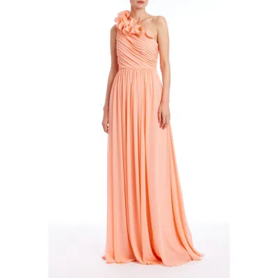 Badgley Mischka Collection Frill Pleated One-shoulder Gown In Orange