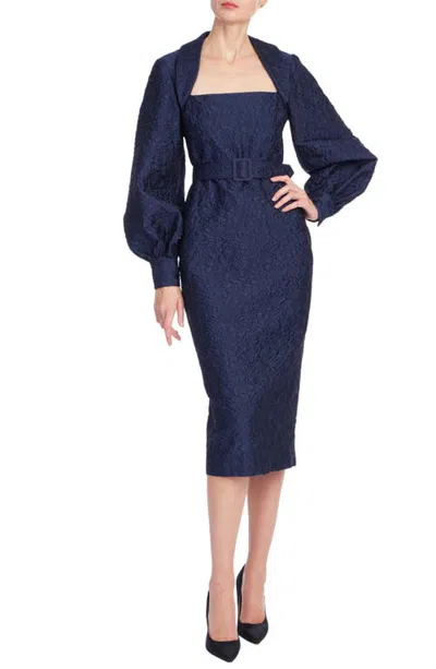 Badgley Mischka Collection Jacquard Long Balloon Sleeve Cocktail Dress In Blue