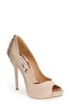 Badgley Mischka 'kiara' Crystal Back Open Toe Pump In Latte Satin
