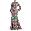 Badgley Mischka Belted Floral-print Mikado Shirt Gown In Emerald Multi