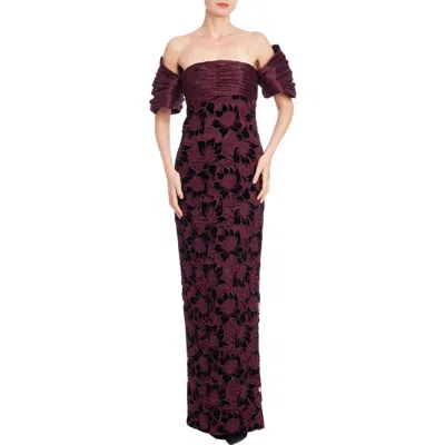 Badgley Mischka Collection Off The Shoulder Floral Velvet Burnout Lace Gown In Burgundy