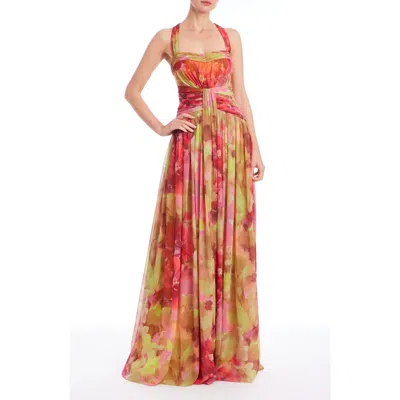 Badgley Mischka Collection Pleated Floral Gown In Multi