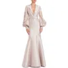 Badgley Mischka Collection Plunge Neck Beaded Long Sleeve Trumpet Gown In Champagne
