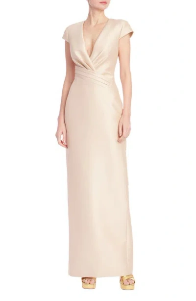Badgley Mischka Collection Short Sleeve Column Gown In Gold
