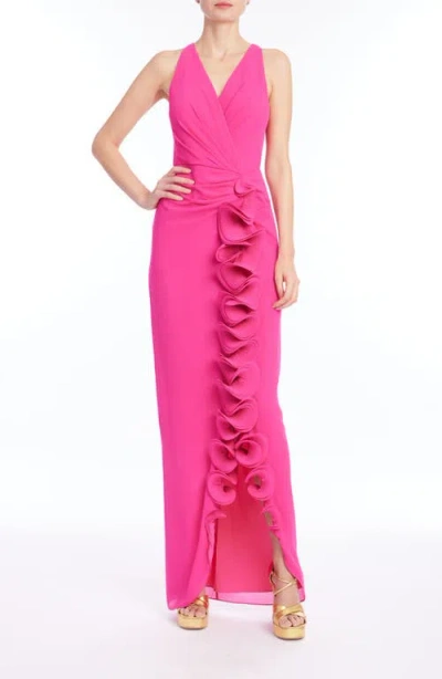 Badgley Mischka Collection Wire Ruffle Detail Column Gown In Pink