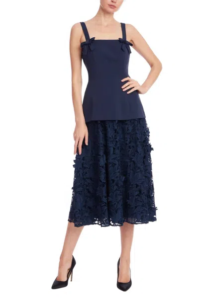 Badgley Mischka Guipure Lace And Twill Midi Dress In Blue