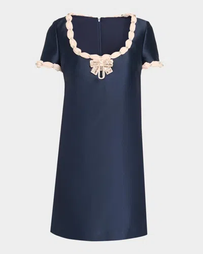 Badgley Mischka Contrast Bow Mikado Shift Cocktail Dress In Blue