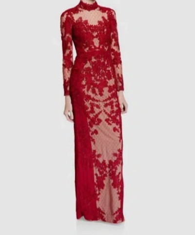 Pre-owned Badgley Mischka Couture $2850  Women's Red Lace Illusion Gown Dress Size 2