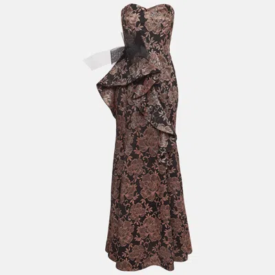 Pre-owned Badgley Mischka Couture Black/metallic Floral Jacquard Strapless Gown M