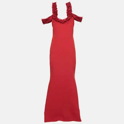 Pre-owned Badgley Mischka Couture Red Crepe Off Shoulder Embellished Long Gown L