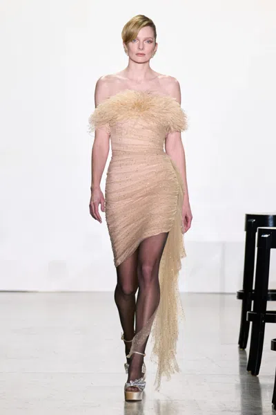 Badgley Mischka Crystal Feather Dress In Yellow