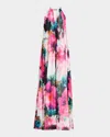 Badgley Mischka Cutout Floral-print Trapeze Gown In Fuchsia Multi