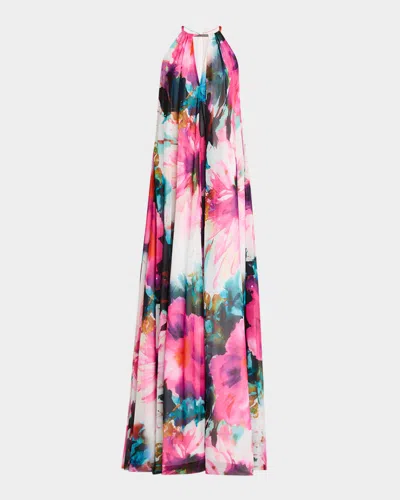 Badgley Mischka Cutout Floral-print Trapeze Gown In Fuchsia Multi