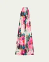 Badgley Mischka Cutout Floral-print Trapeze Gown In Fuchsia Multi