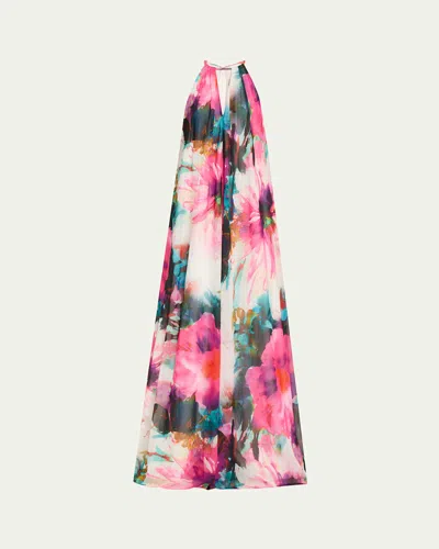 Badgley Mischka Cutout Floral-print Trapeze Gown In Fuchsia Multi