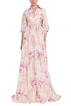 Badgley Mischka Deep V-neck Floral Collar Gown In Pink In Pink
