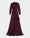 Badgley Mischka Deep V-neck Metallic Jacquard Bow Gown In Wine