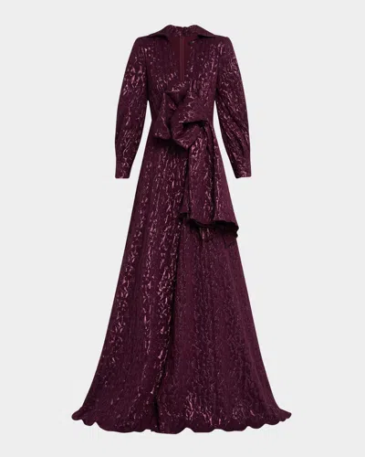 Badgley Mischka Deep V-neck Metallic Jacquard Bow Gown In Wine