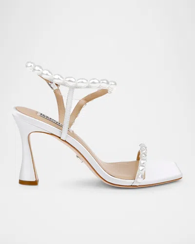 Badgley Mischka Demi Pearly Ankle-strap Satin Sandals In Soft White Satin