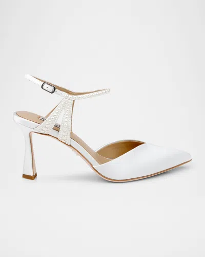 Badgley Mischka Destinee Pearly Pointed Satin Pumps In Soft White Satin