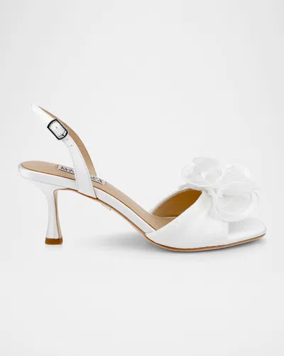 Badgley Mischka Dora Flower Satin Kitten-heel Sandals In Soft White Satin