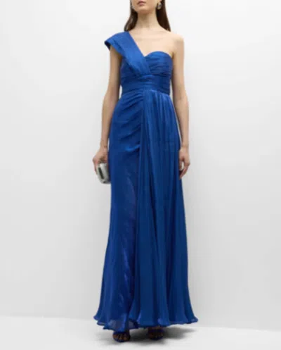 Badgley Mischka Draped One Shoulder Pleated Chiffon Gown In Bright Blue