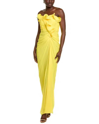 Badgley Mischka Draped Ruffle Gown In Yellow