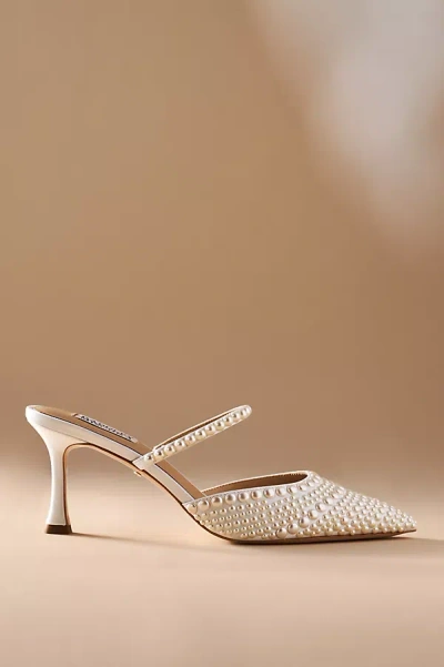 Badgley Mischka Duchess Pearl-embellished Satin Mule Heels In White