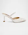 Badgley Mischka Duchess Pointed Pearly Mule Pumps In Soft White Satin