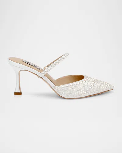 Badgley Mischka Duchess Pointed Pearly Mule Pumps In White Satin
