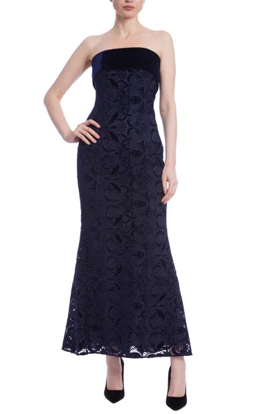 Badgley Mischka Eg4330 Long Formal Lace Velvet Tea Length Dress In Blue