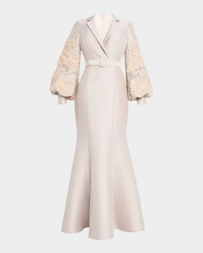 BADGLEY MISCHKA EMBELLISHED-SLEEVE MERMAID SHIRT GOWN