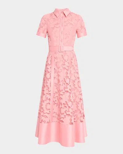 Badgley Mischka Embroidered Floral Lace Midi Dress In Peony
