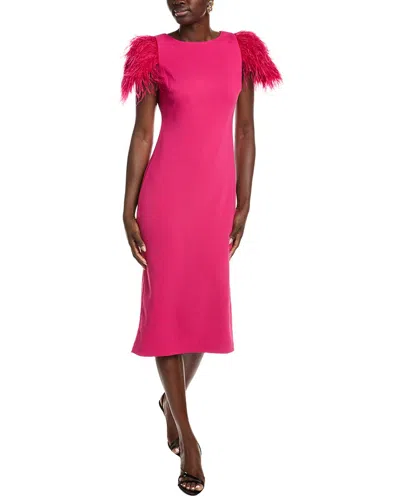 Badgley Mischka Feather-sleeve Crepe Midi Sheath Dress In Pink