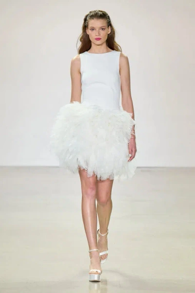 Badgley Mischka Feathered Tulle Skirt Mini Dress In Ivory