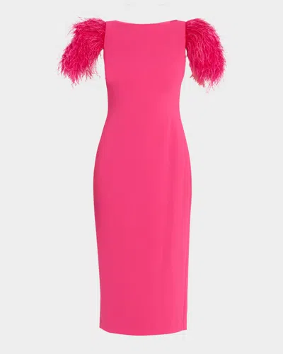 Badgley Mischka Feather-sleeve Crepe Midi Sheath Dress In Pink