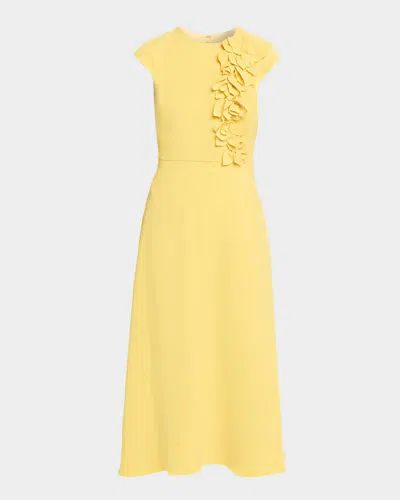 Badgley Mischka Floral Applique Stretch Crepe Midi Dress In Yellow