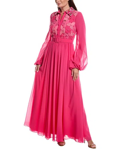 Badgley Mischka Floral Embroidered Shirt Dress In Pink