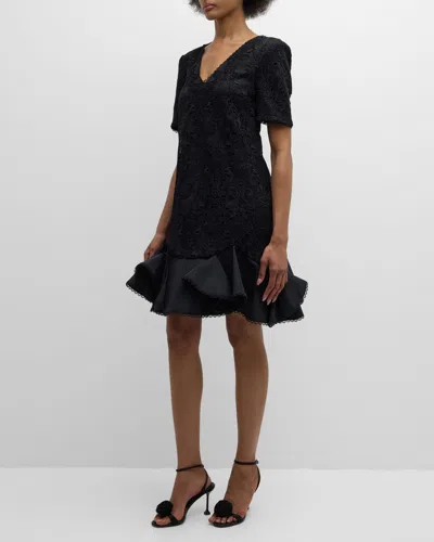 Badgley Mischka Floral Lace Flounce Mini Dress In Black